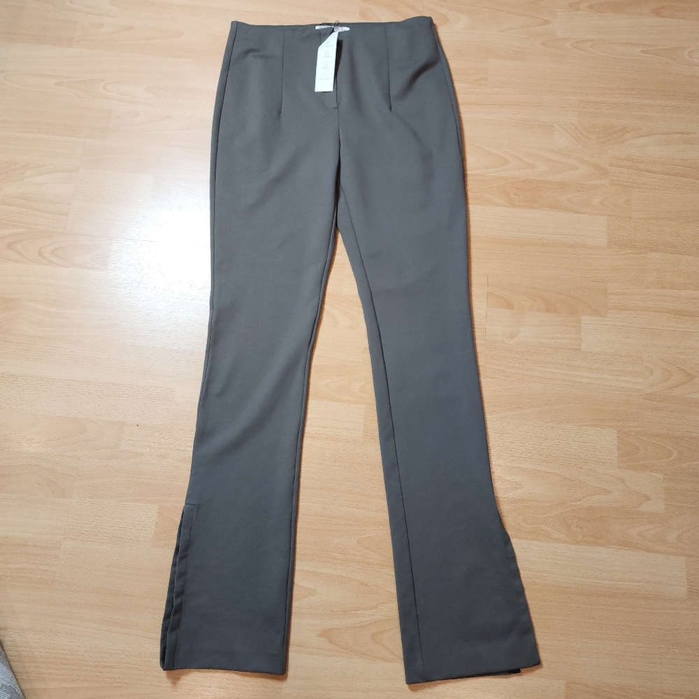 NWT Zara Ponte Green Grey Pants Hook And‎ Eye Split Hem Size Large 34" Inseam